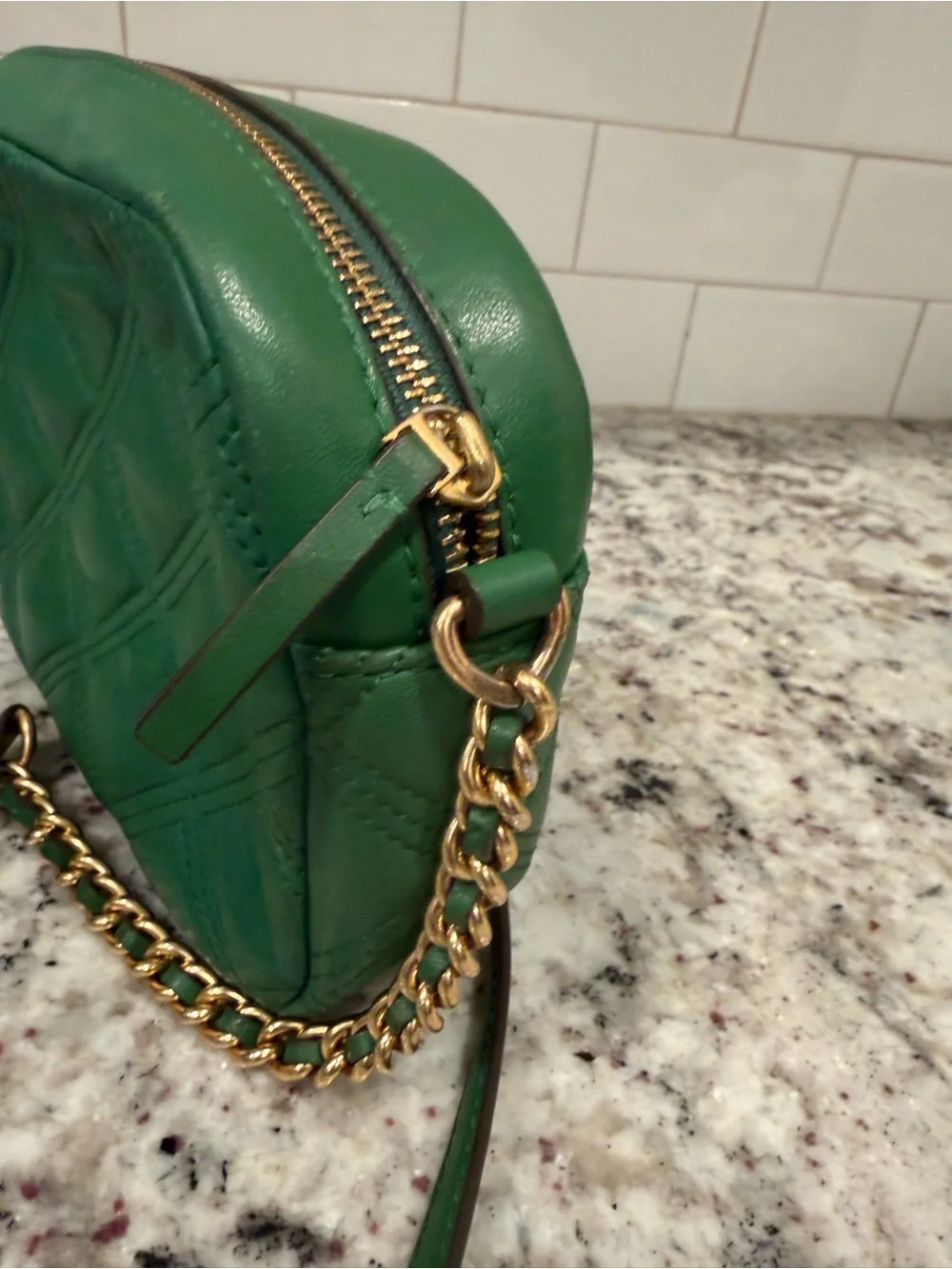 Tory Burch Green Quilted Leather Crossbody Bag with Chain Strap